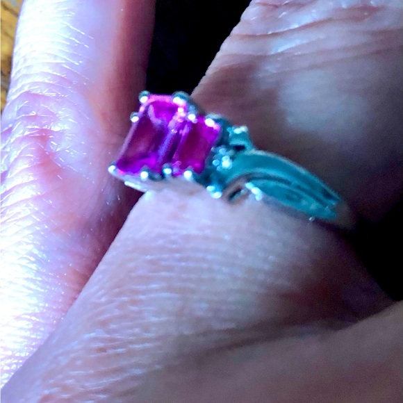 3 emerald cut pink topaz stone white gold ring with diamond accents - Picture 2 of 2